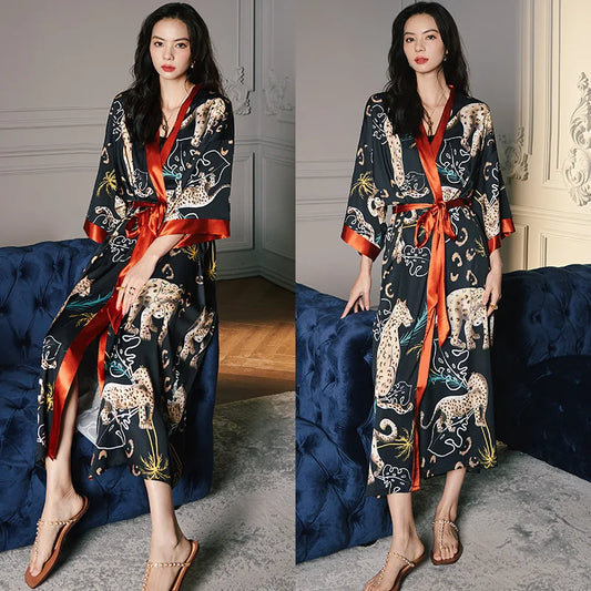 Kimono long femme leopard